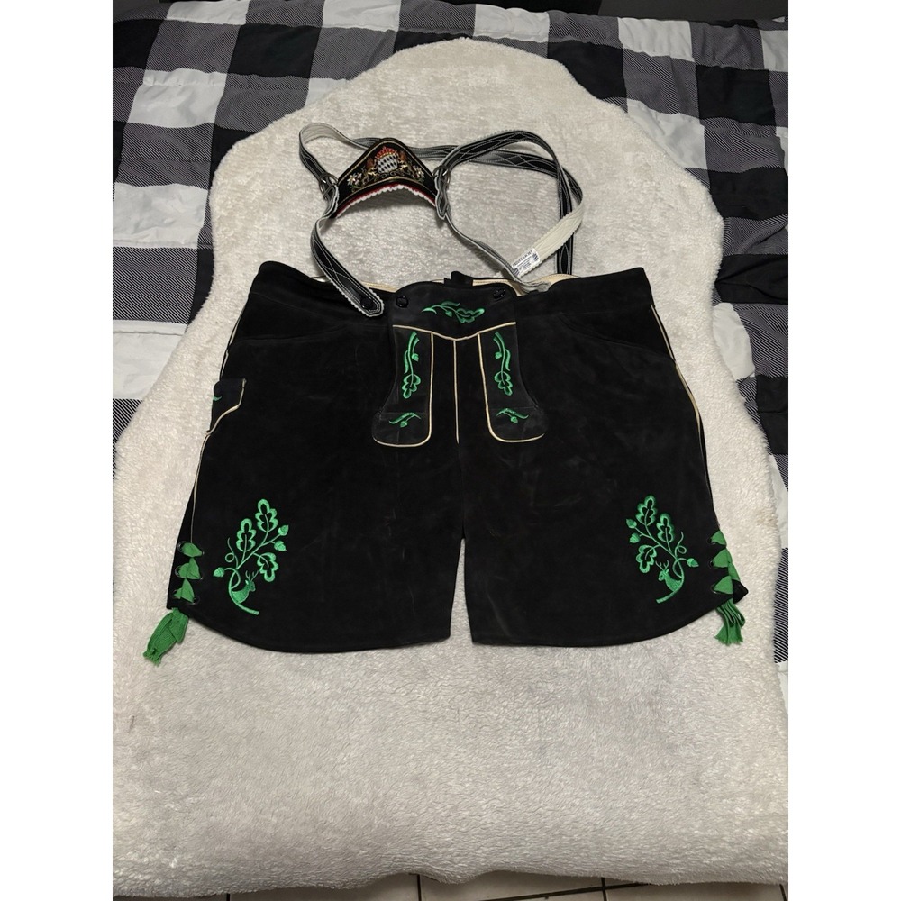 Ernst Licht Men's Authentic German Lederhosen Shorts Suspenders Black Green 50